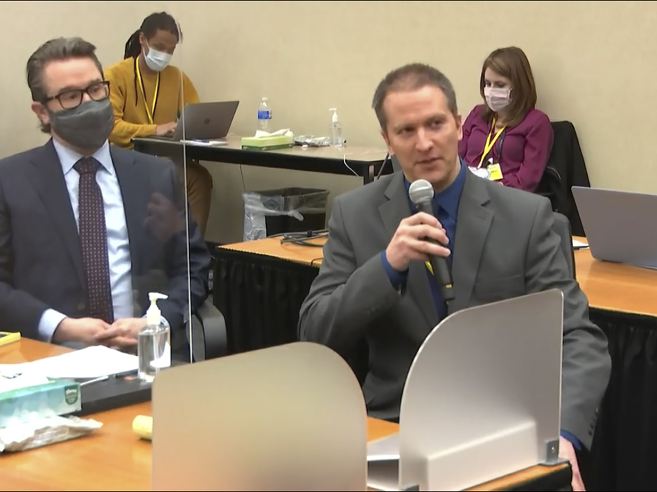 Former Minneapolis police officer Derek Chauvin tells the judge on Thursday he will not testify on his own behalf in his trial over the death of George Floyd. His attorney, Eric Nelson, is seen at left. (Court TV/Pool via AP)