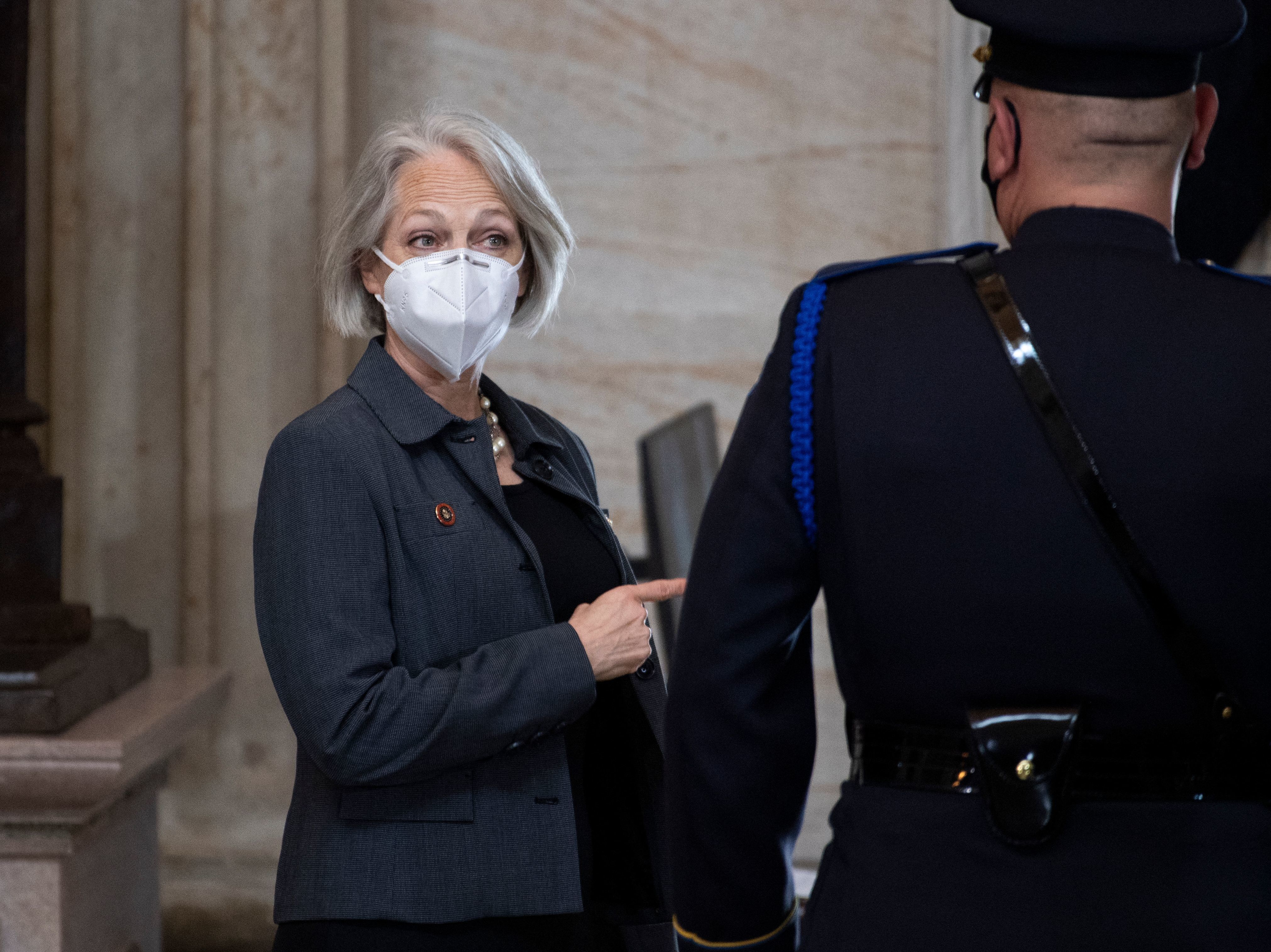 Senate Sergeant-at-Arms Karen Gibson attends the service for slain U.S. Capitol Officer William &quot;Billy&quot; Evans, as his remains lie in honor in the Capitol Rotunda on Tuesday. (POOL/AFP via Getty Images)