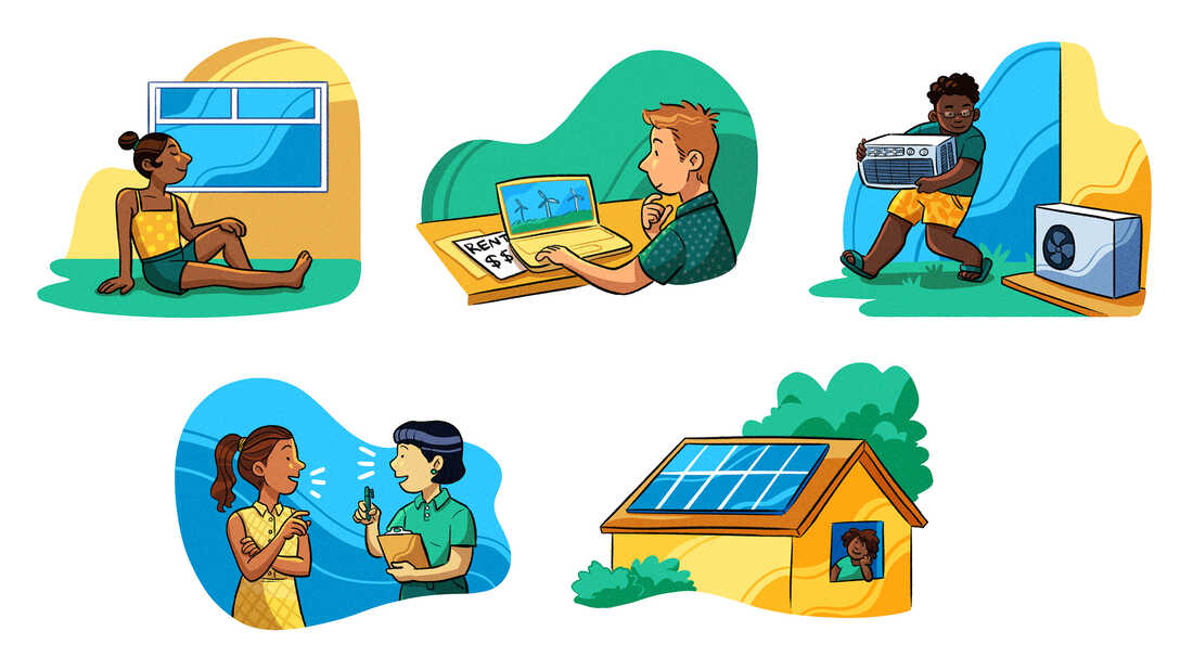 People can take action to improve the climate impact of their homes, including doing the following from top left: opening a window or bundling up rather than changing the thermostat; looking into changing your energy provider to a clean energy if you rent; upgrading to more efficient appliances; talking with an expert; and installing solar panels.