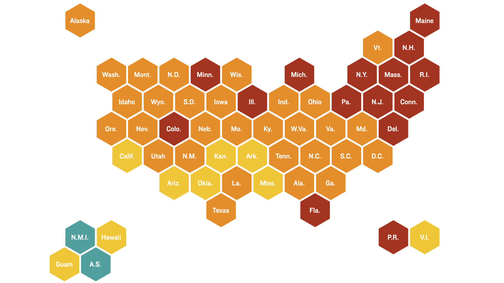 map of the 50 US states and 5 territories, where each is a hexagon, labeled with its abbreviation, with filled in color shading red orange yellow or green according to number of daily COVID-19 cases per 100,000 population as of 2021-04-19