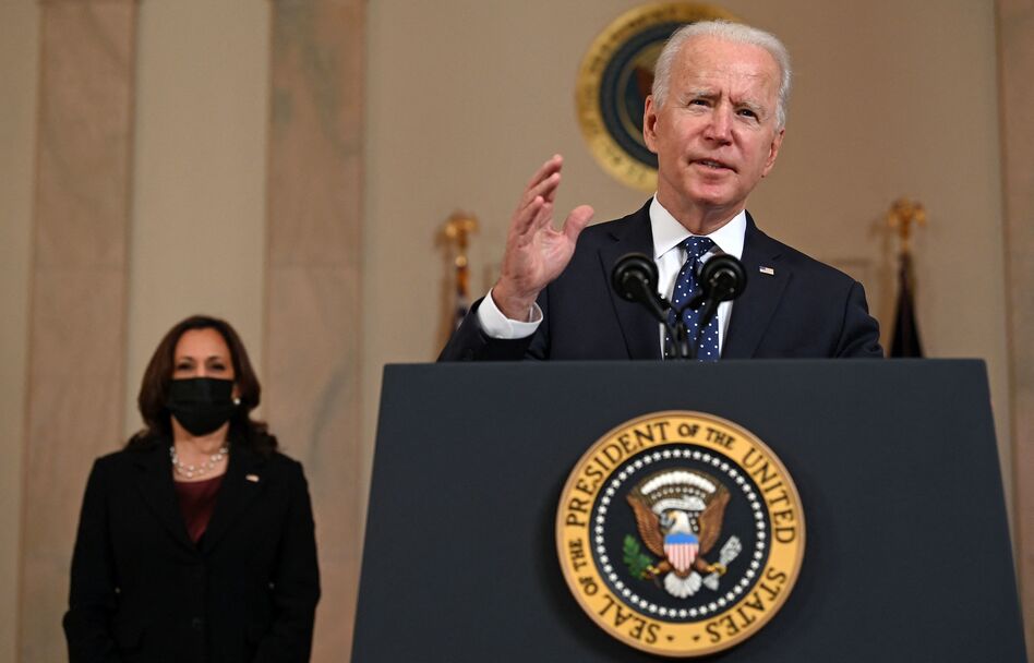 President Biden delivers remarks Tuesday on the guilty verdict against former police officer Derek Chauvin, as Vice President Harris looks on. (Brendan Smialowski/AFP via Getty Images)