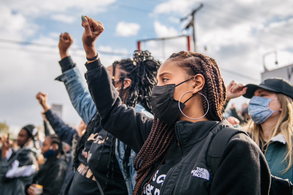 People gather at George Floyd Square in Minneapolis. On Tuesday, police officer Derek Chauvin was found guilty of two murder charges and one manslaughter charge in the death of George Floyd. (Brandon Bell/Getty Images)