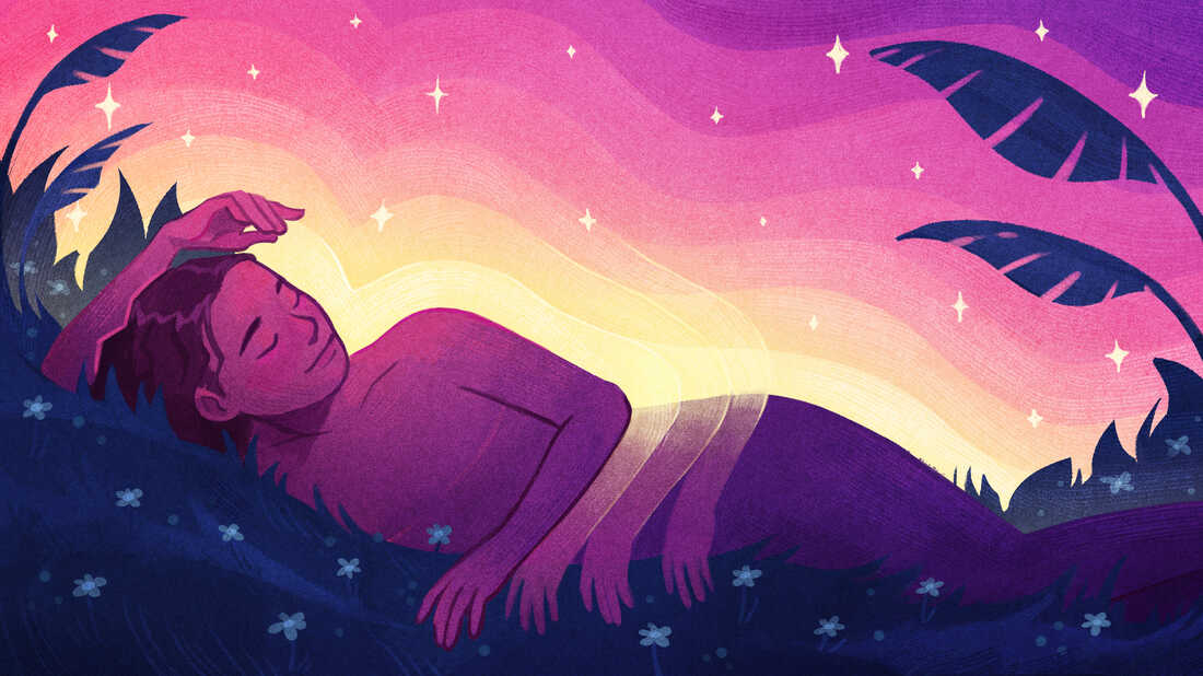 Illustration of a figure side-lying bathed in twilight with light radiating out of them — being embraced by the undulations. Palm fronds and stars surround the figure.
