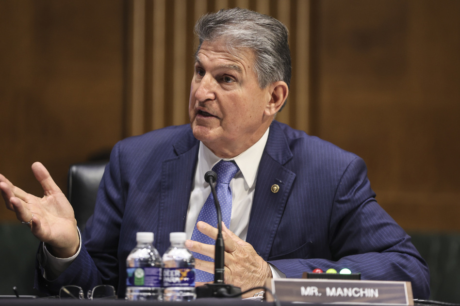 Sen. Joe Manchin, D-W.Va., speaks during a Senate Appropriations Committee hearing Tuesday on President Biden's massive infrastructure and jobs plan. (Oliver Contreras/Pool/Getty Images)
