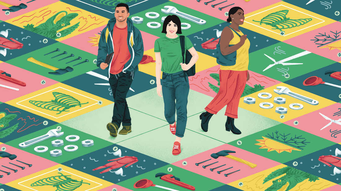 Three young adults stand in the center of the frame on a sort of game board. They look out over a series of squares featuring different symbols representing trade jobs including jobs in clean energy, construction, the medical field, plumbing, heating and cooling and animal care.