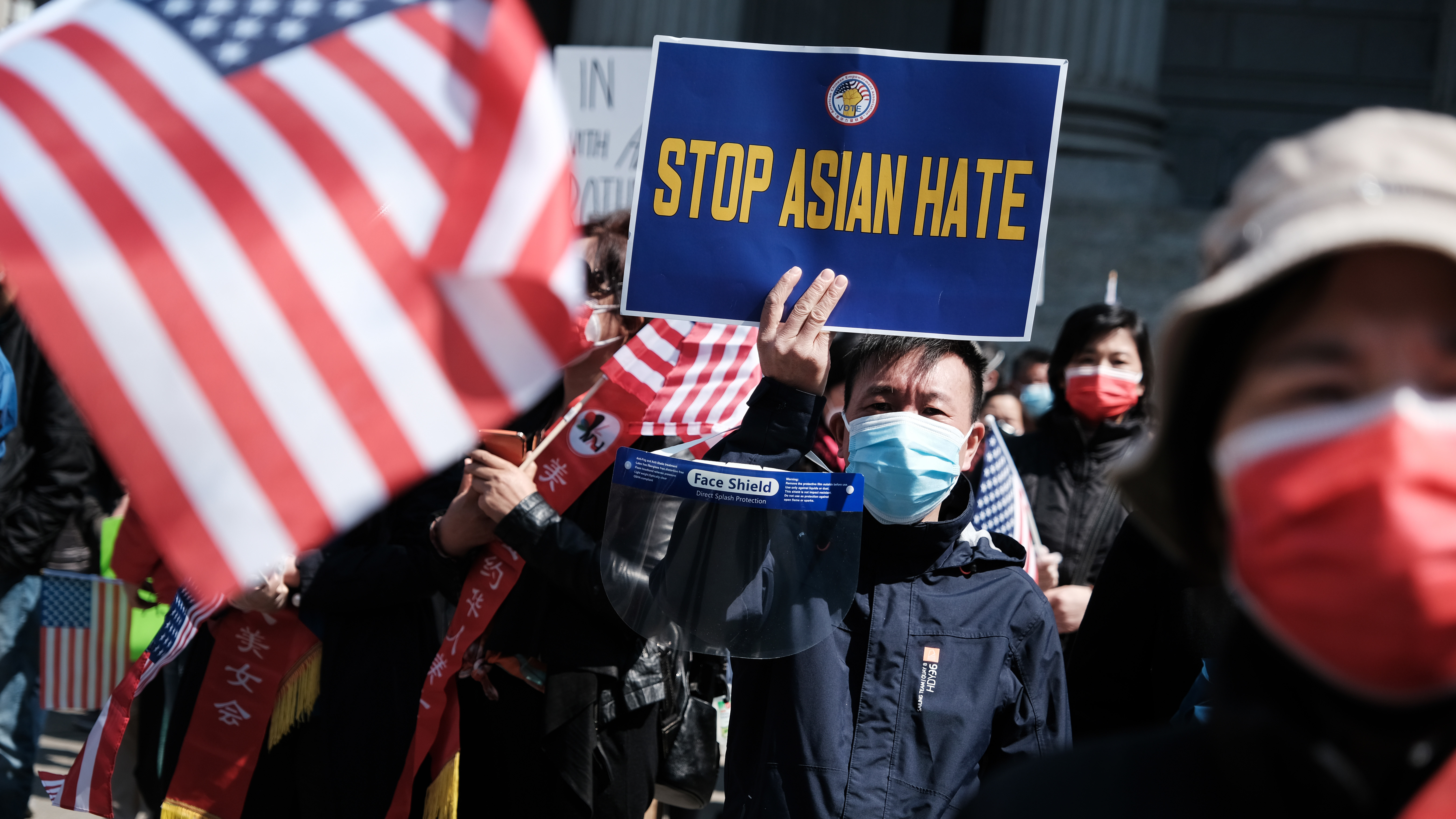 People participate in a protest to demand an end to anti-Asian violence on April 4 in New York City. In a new incident, an Asian man was attacked in New York City on Friday.