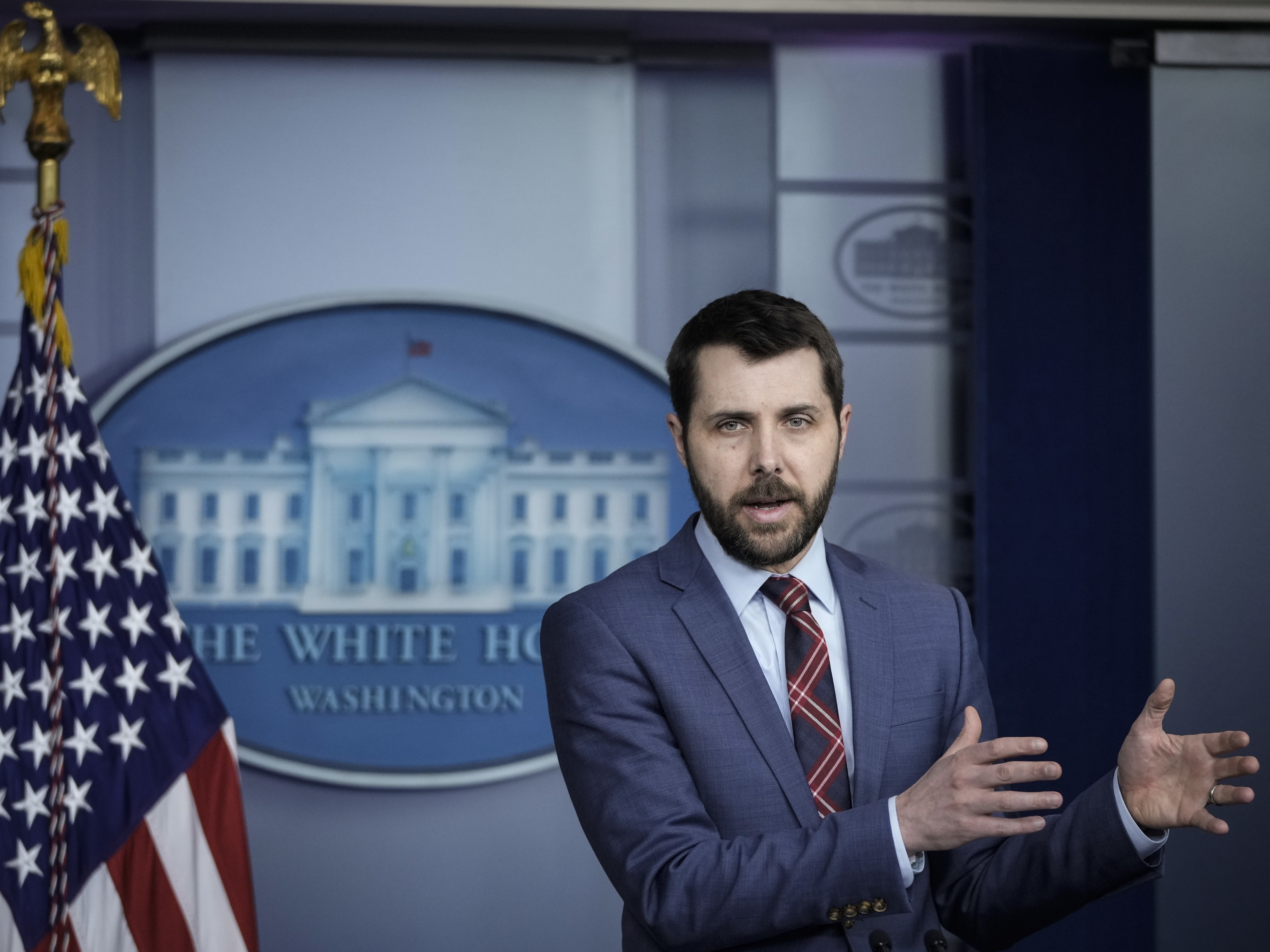 Brian Deese, director of the White House National Economic Council, speaks to reporters at the White House Monday about the American Families Plan. (Getty Images)