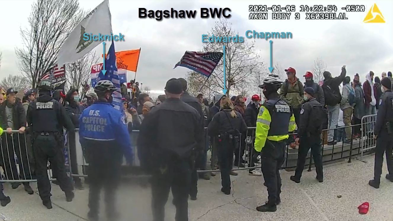 The Department of Justice released videos depicting the alleged assault on Capitol Police Officer Brian Sicknick and other members of law enforcement during the Jan. 6 attack on the U.S. Capitol. (Department of Justice/NPR)