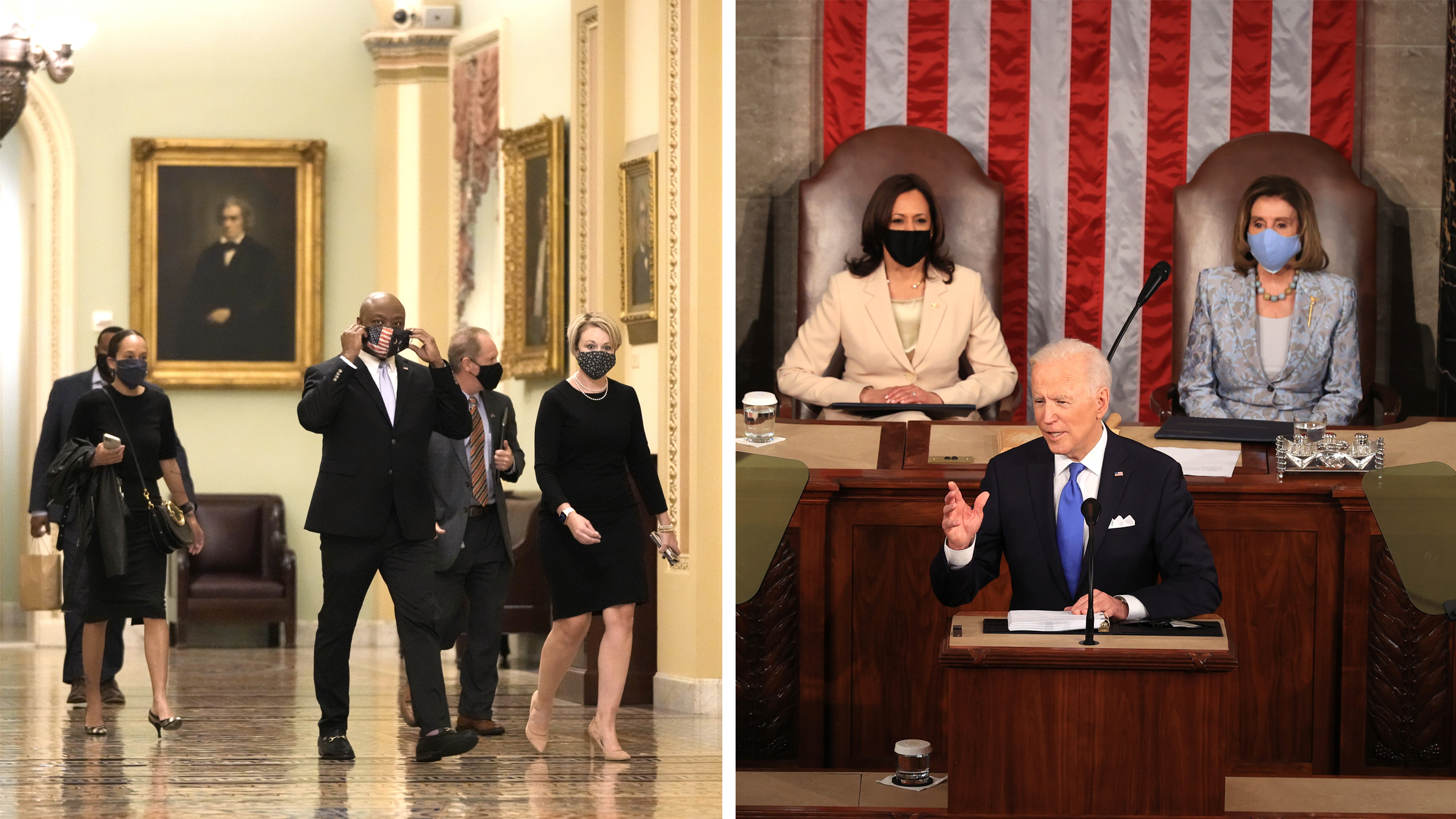 Left: Sen. Tim Scott of South Carolina walks through the U.S. Capitol before delivering the GOP response to President Biden's address to a joint session of Congress. (Drew Angerer/Getty Images; Chip Somodevilla/Getty Images)