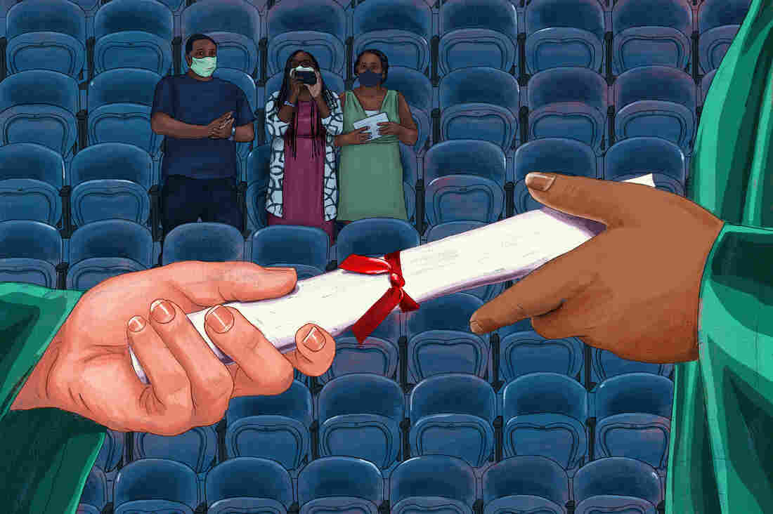 An illustration of a student being handed a diploma as a family looks on in an empty auditorium.