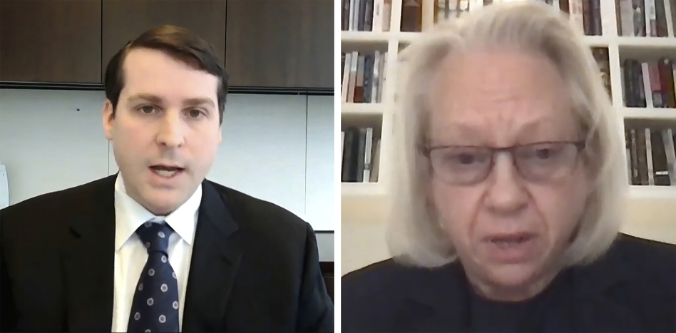 David (left) and Kathe Sackler, members of the family that owns Purdue Pharma, the maker of Oxycontin, testified via video to a House Oversight Committee hearing on Dec. 17, 2020. Sackler family members have acknowledged that the drug had a role in the opioid crisis, but they have stopped short of apologizing or admitting wrongdoing. (House Television via AP)
