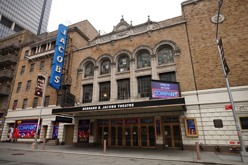 New York Gov. Andrew Cuomo announced Monday that Broadway could reopen in May. Above, the Bernard B. Jacobs Theatre near Times Square on Jan. 15. (Cindy Ord/Getty Images)