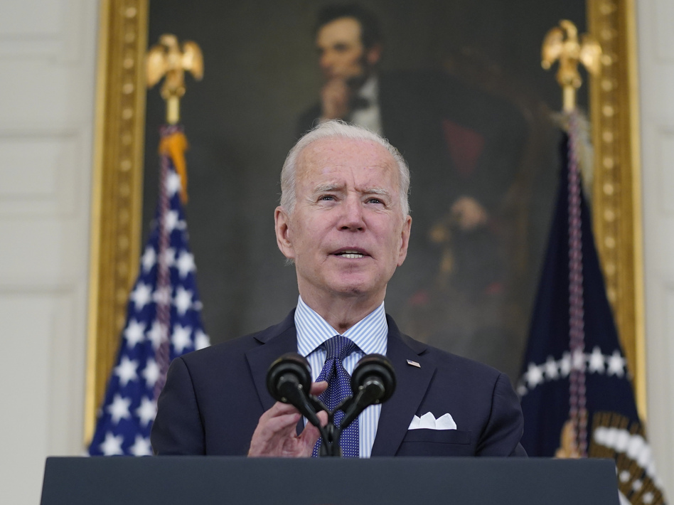 President Biden speaks about the COVID-19 vaccination program Tuesday in the White House. Biden has set a goal of seeing 160 million adults fully vaccinated by July Fourth. (Evan Vucci/AP)