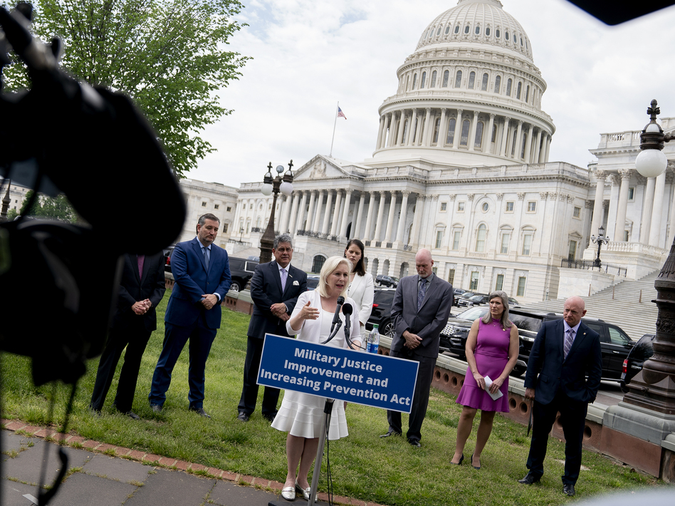 Sen. Kirsten Gillibrand (D-NY) (C) speaks during a news conference outside the U.S. Capitol on April 29, 2021 in Washington, DC. A bipartisan group of Senators gathered in support of the Military Justice Improvement and Increasing Prevention Act, which would move the decision to prosecute a member of the military from the chain of command to independent, trained, professional military prosecutors. (Stefani Reynolds/Getty Images)