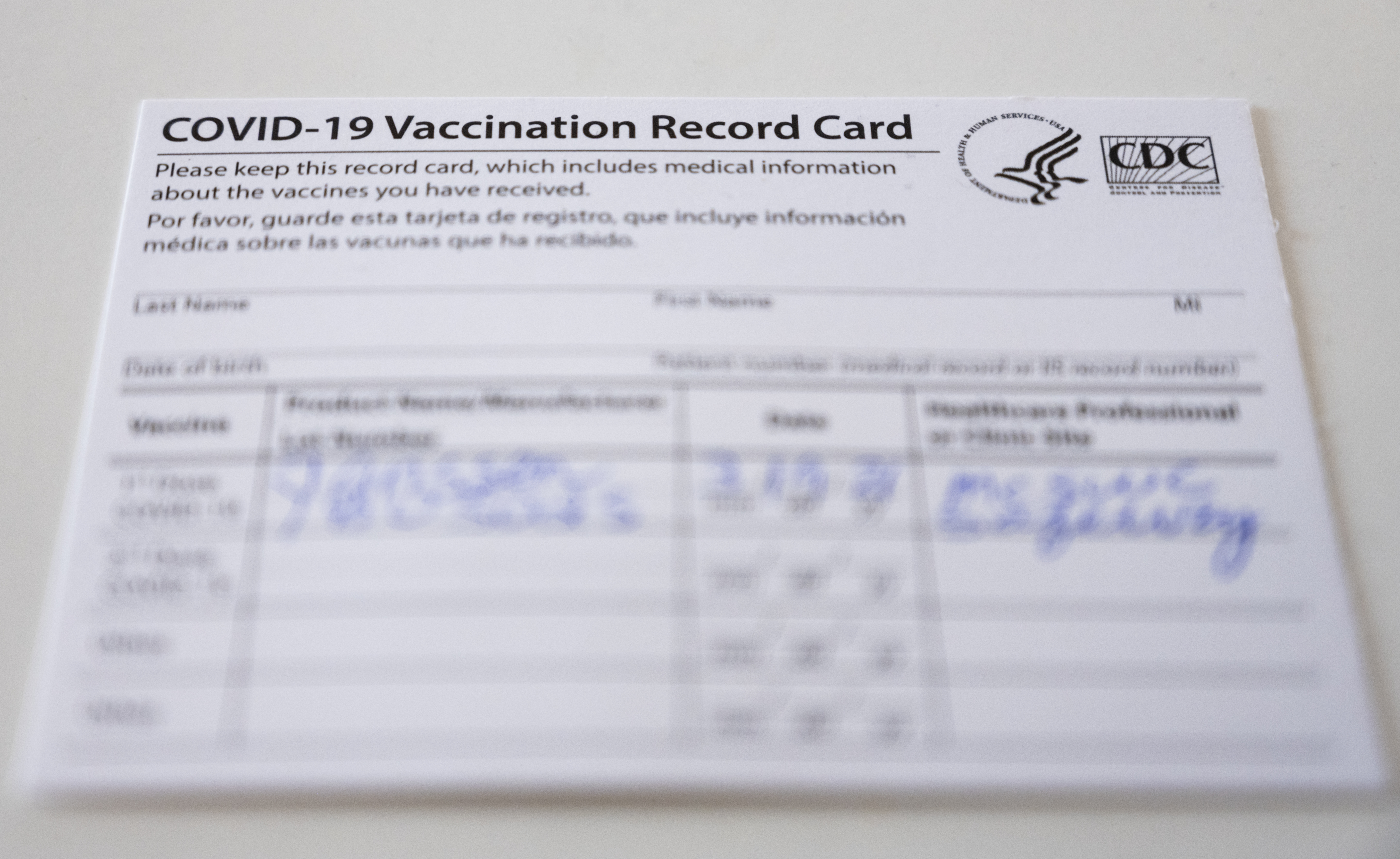 A real COVID-19 vaccination record card issued by the Centers for Disease Control. (CQ-Roll Call, Inc via Getty Images)