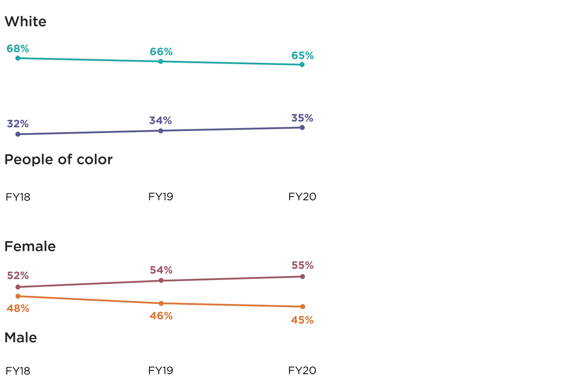 Two line graphs illustrating the Race/Ethnicity and Gender representation over 3 years from Fiscal Year 2018 to FY20. For Race/Ethnicity, in FY18, 32% identified as people of color, and 68% as white. FY19: 34% people of color, 66% white. FY20: 35% people of color, 65% white. For Gender Identity, in FY18, 52% identified as female, 48% as male. FY19: 54% female, 46% male. FY20: 55% female, 45% male.