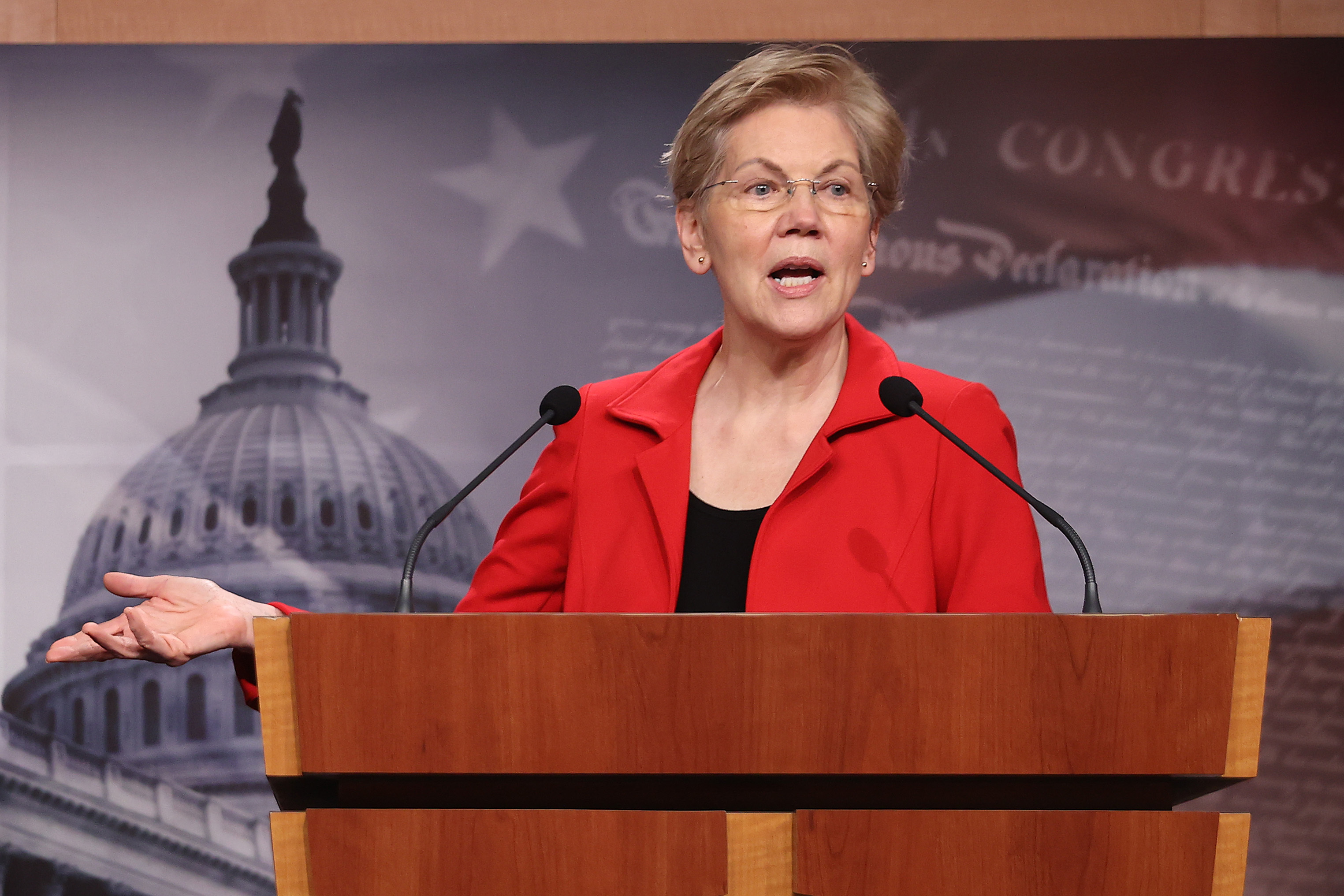 Sen. Elizabeth Warren holds a news conference in March. She and Sen. Bernie Sanders are leading the push to introduce a bill Tuesday that would make pandemic-related food benefits for college students permanent and create grants for colleges to address hunger. (Getty Images)