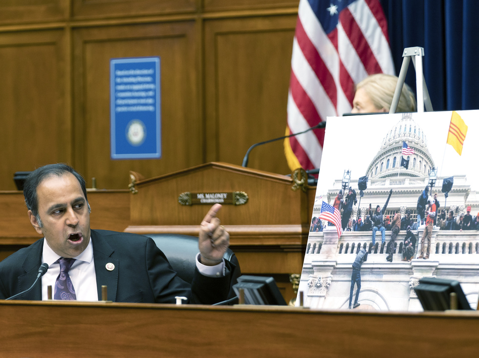 Rep. Raja Krishnamoorthi, D-Ill., questions former acting Defense Secretary Christopher Miller during a hearing Wednesday on the U.S. Capitol breach. Miller testified remotely. (Manuel Balce Ceneta/AP)