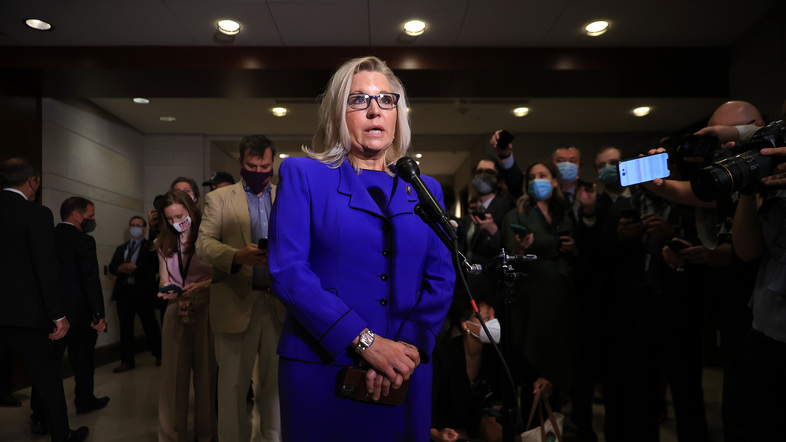 Wyoming Rep. Liz Cheney talks to reporters after House Republicans voted to remove her as conference chair Wednesday. (Chip Somodevilla/Getty Images)