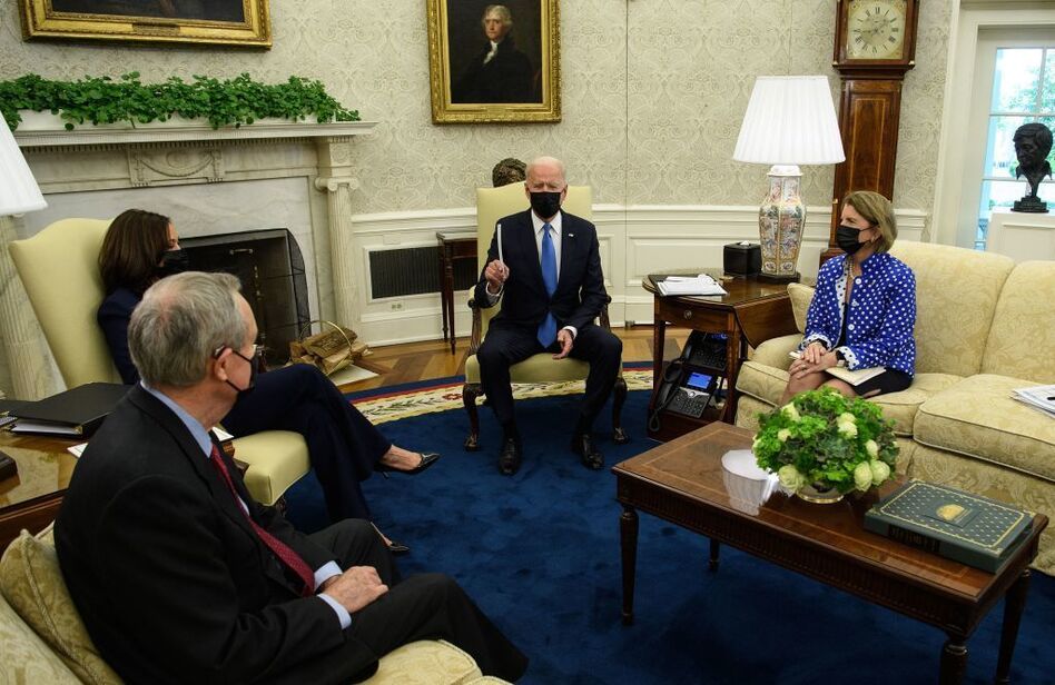 President Biden and Vice President Harris meet with Republican Sens. Shelley Moore Capito of West Virginia and Mike Crapo of Idaho to discuss an infrastructure bill in the Oval Office at the White House on Thursday.
