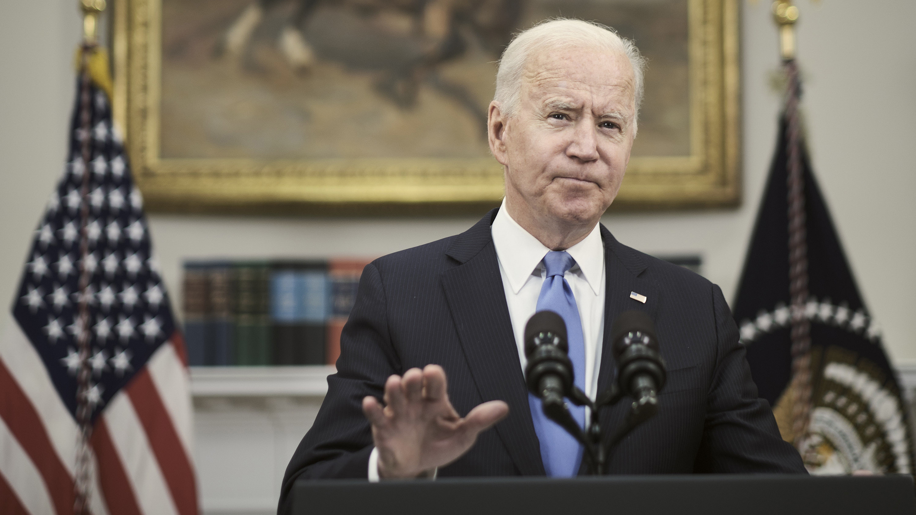 President Biden answers a question about the conflict between Israel and Hamas militants on Thursday at the White House. His public comments on the situation in the Middle East have been limited while the administration says it is focused on diplomacy behind the scenes. (Pool/Getty Images)