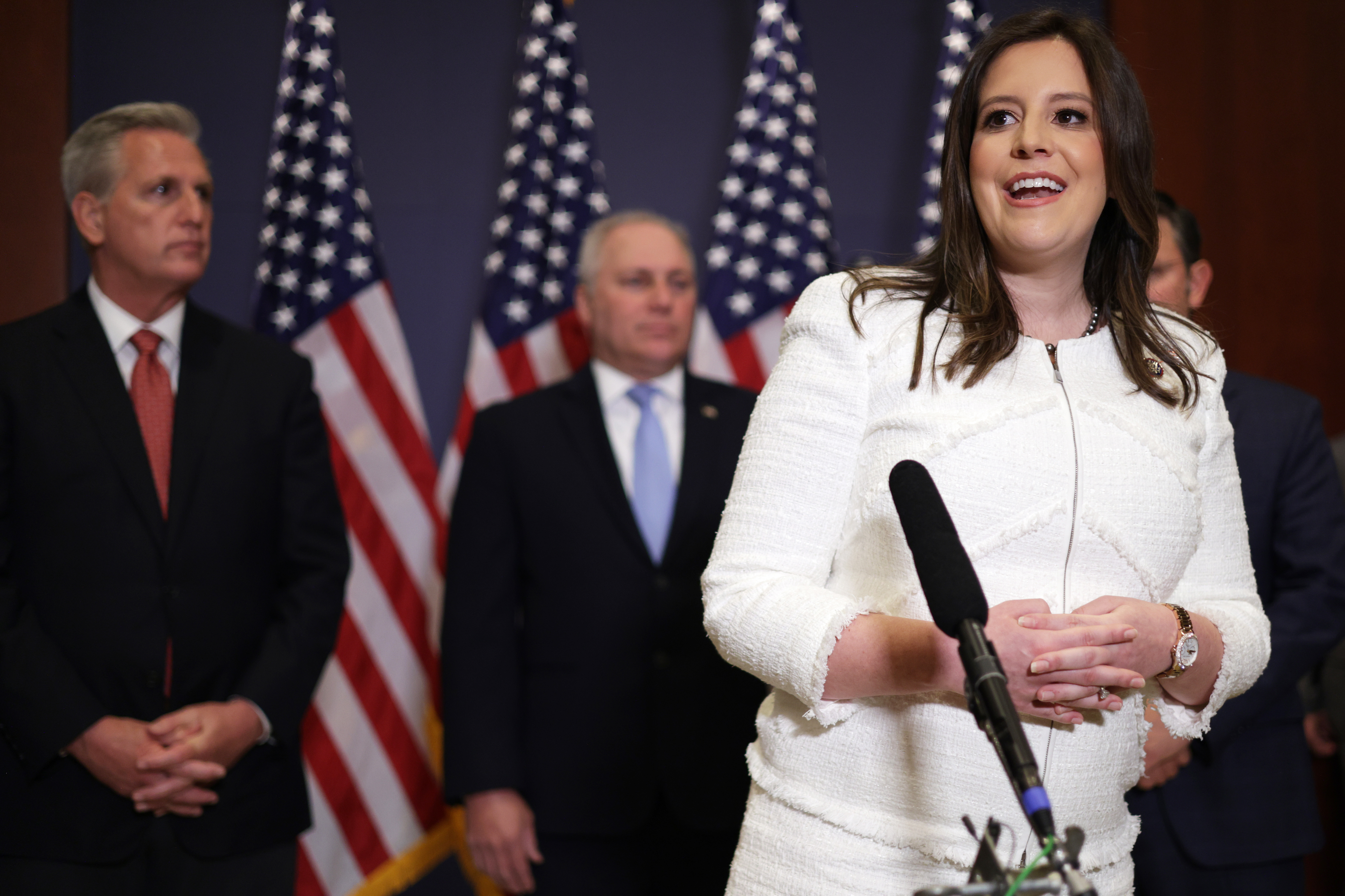 Rep. Elise Stefanik, R-N.Y., speaks to reporters Friday after her election as House Republican Conference chair. Stefanik called former President Donald Trump &quot;a critical part of our Republican team.&quot; (Getty Images)