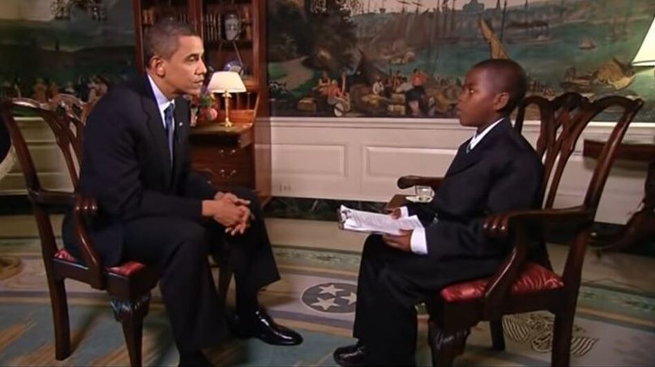 At 11, Damon Weaver interviewed then-President Obama in the Diplomatic Room of the White House. The student focused his interview on education in the U.S. and included a suggestion that school lunches consist of French fries and mangoes every day.