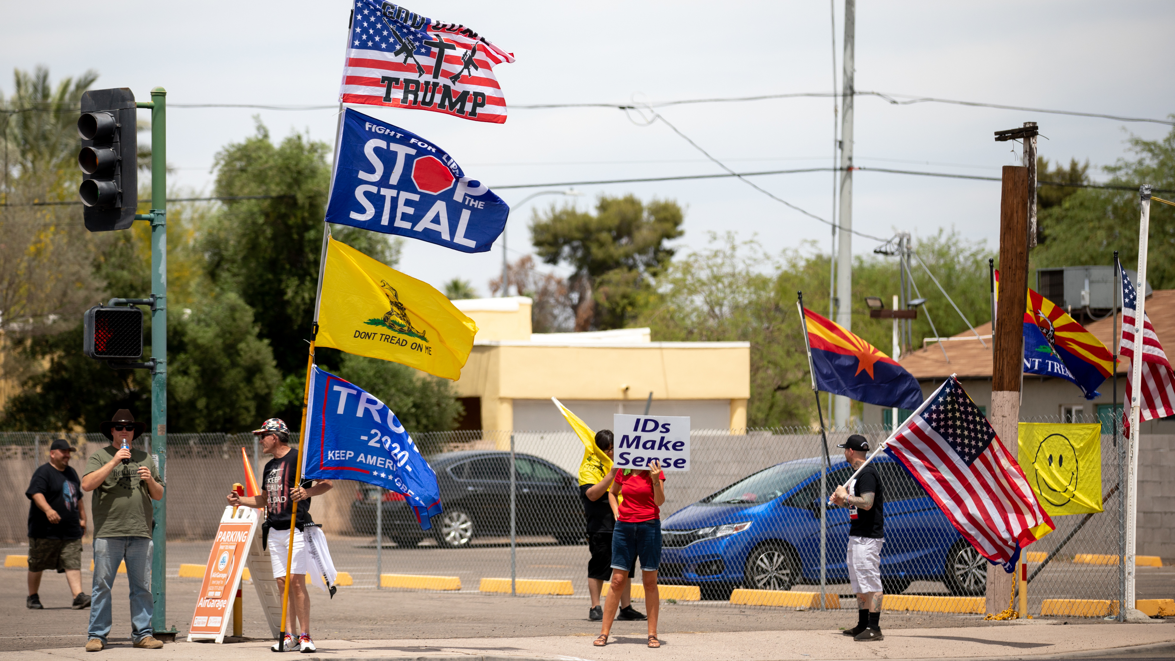 Demonstrators in support of former President Donald Trump gather on May 1 outside the Arizona Veterans Memorial Coliseum in Phoenix, where a controversial 2020 general election review was set to begin. Trump has heartily supported the audit. (Getty Images)