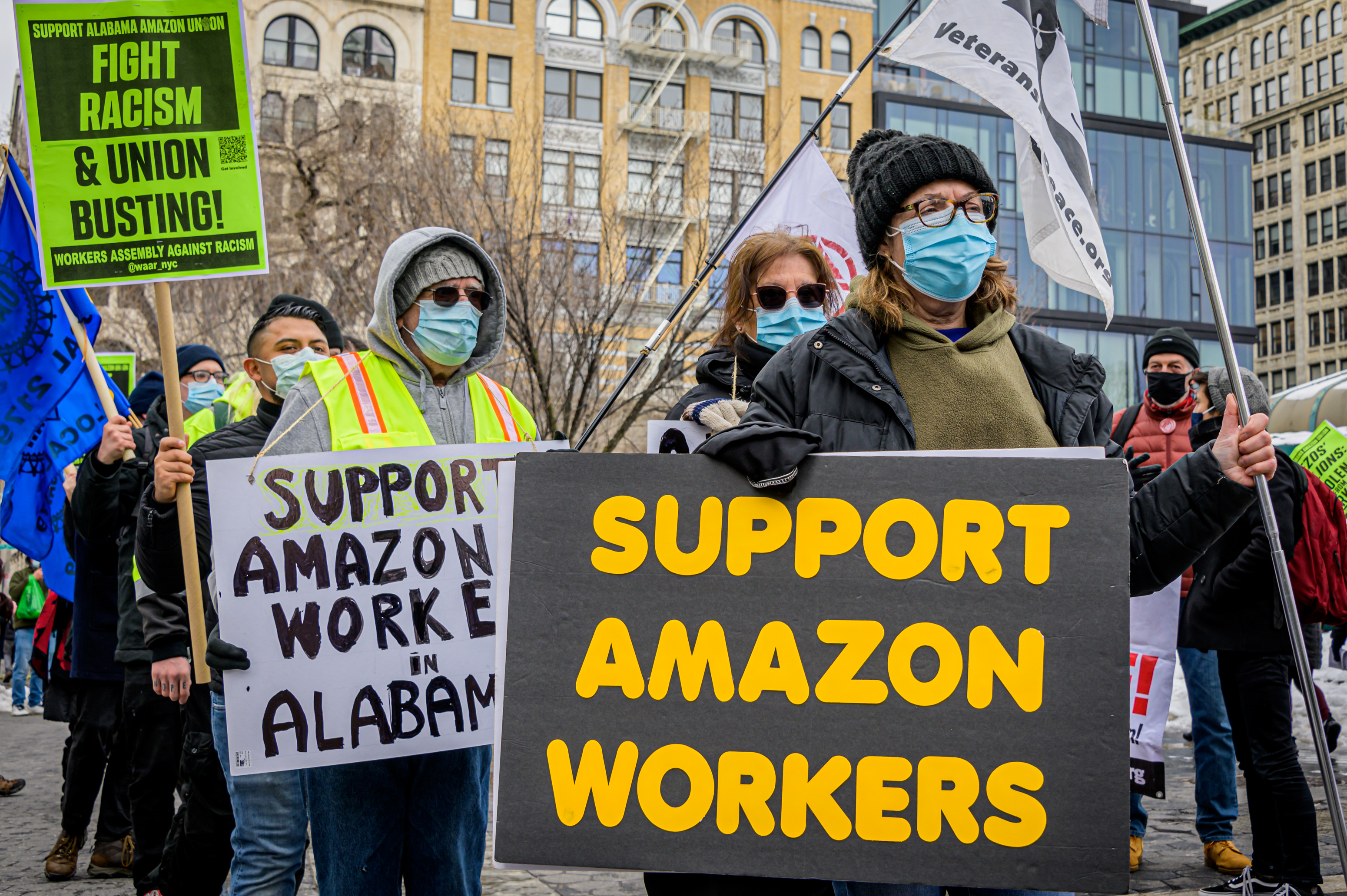 Members of the Workers Assembly Against Racism gathered across from Jeff Bezos-owned Whole Foods Market in Union Square South for a nation-wide solidarity event with the unionizing Amazon workers in Bessemer, Alabama. (LightRocket via Getty Images)
