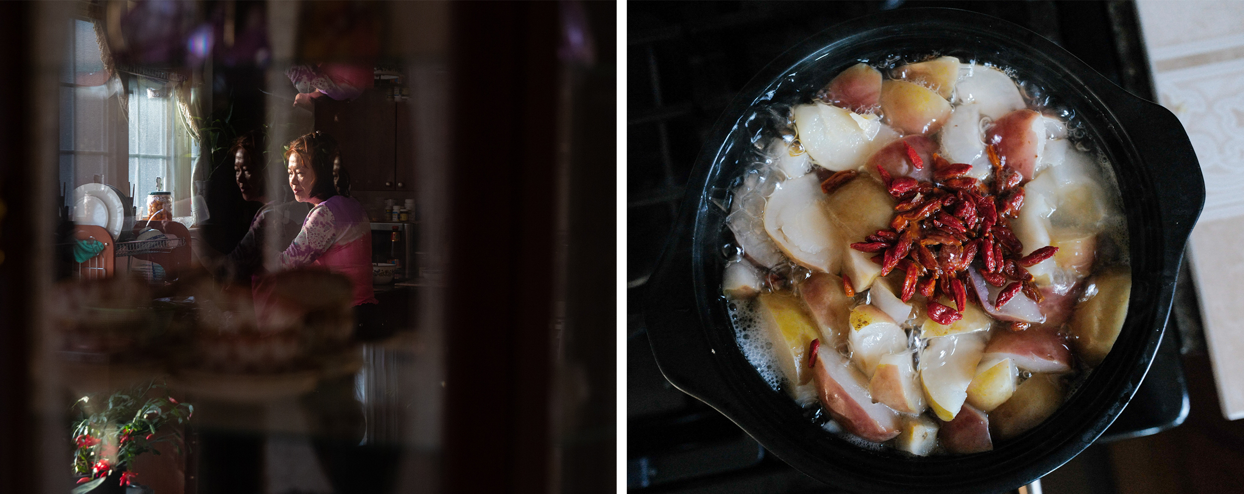 Photos: 2 Cantonese Women Share Their Immigrant Journey 15 Left: Lai works in the kitchen Right: Lai gets a sore throat easily as a result of throat surgery decades ago. Here, she makes pear stew with rock sugar, which helps to heal her throat at times.