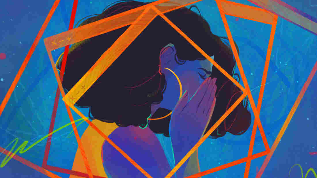 Illustration of a Black woman in profile from the shoulders up, holding her face in her hands as browser screens spiral in front of and behind her. The whole image is awash in blue, accented by swirling lines throughout.