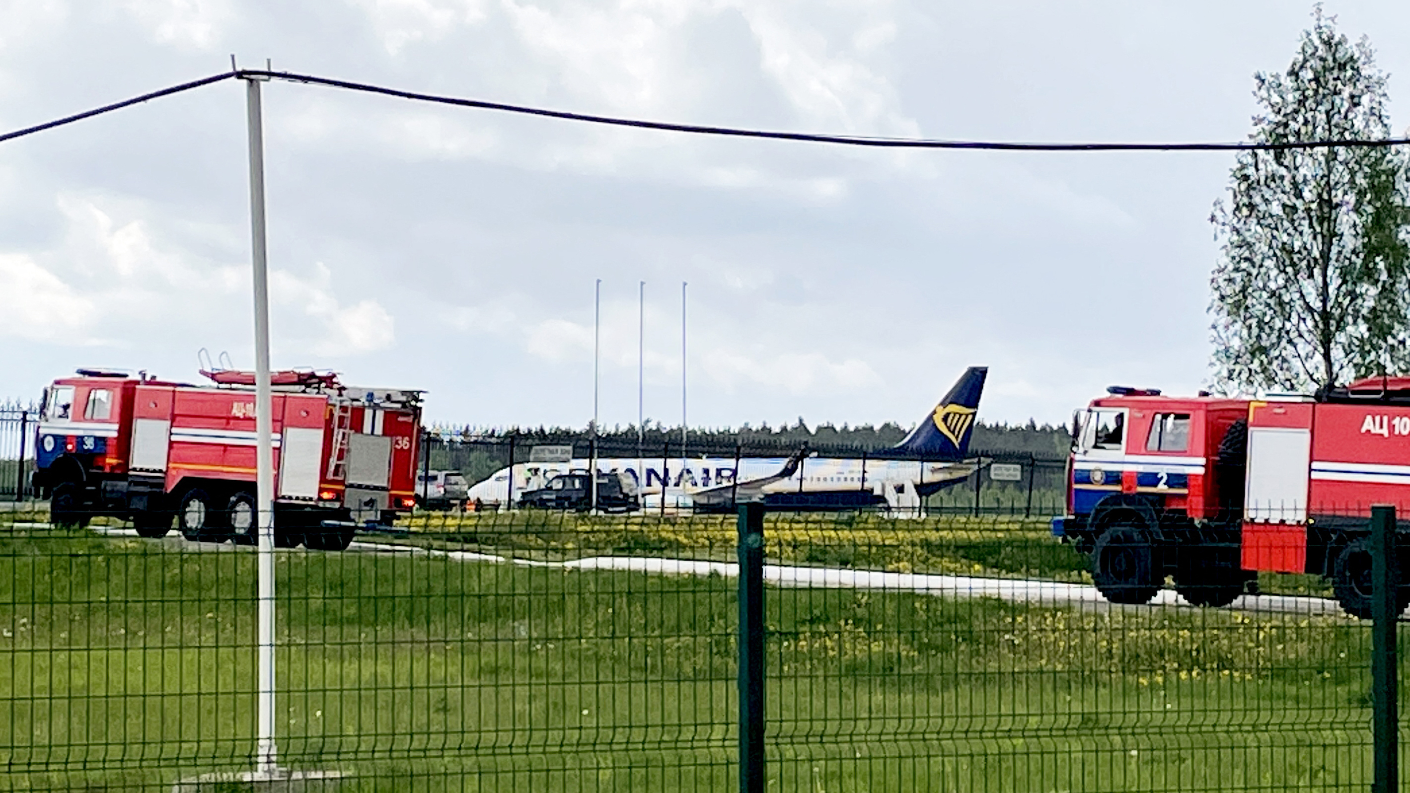 A Ryanair Boeing is parked at Minsk International Airport on Sunday. Belarusian opposition activist Roman Protasevich was detained at Minsk airport after his Lithuania-bound flight made an emergency landing. (AFP via Getty Images)