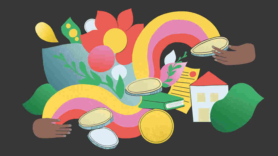 Illustration of one hand at the bottom left gesturing toward a cornucopia of lush greenery, coins, a home, papers and a rainbow, symbolizing a healthy financial legacy. Another hand receives the bounty at the top right.