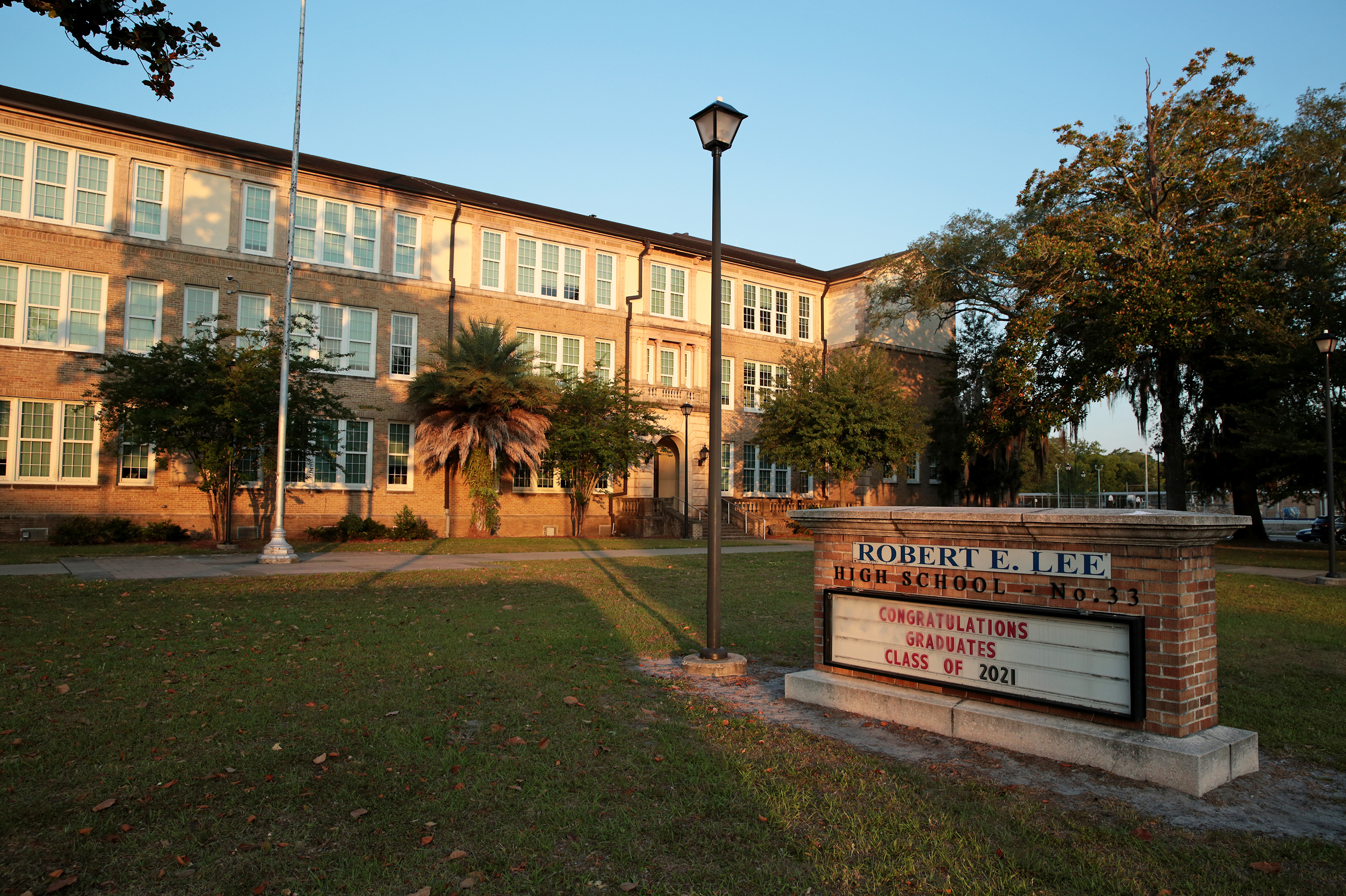 Robert E. Lee High School in Jacksonville, Fla., is one of many schools in Duval County named after Confederate figures. (Bob Self for NPR)