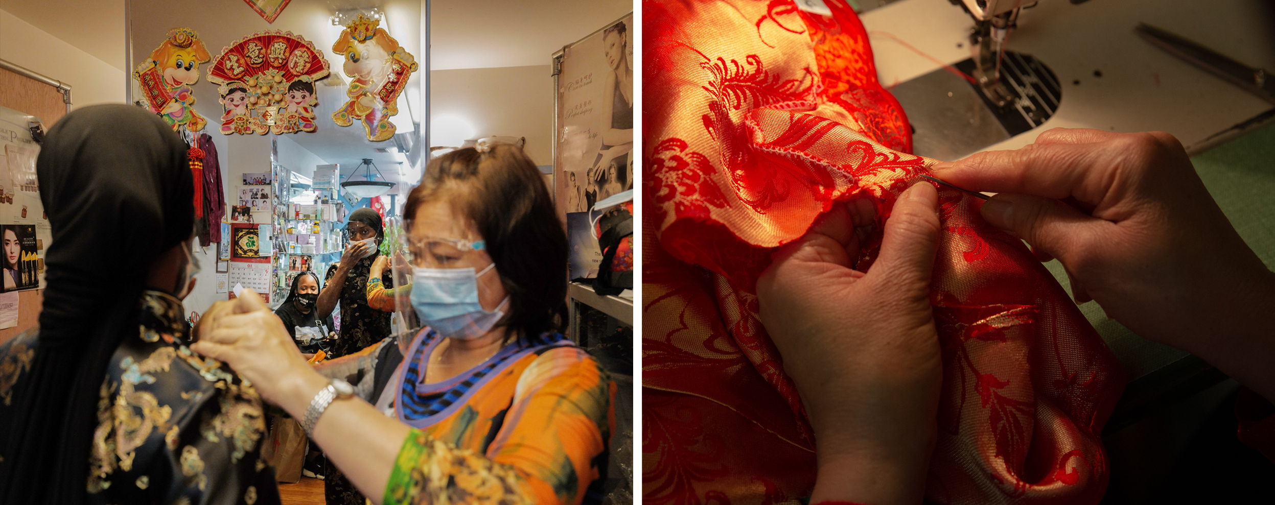 Photos: 2 Cantonese Women Share Their Immigrant Journey 13 Lisa Lai founded Dia Boutique, a shop in Philadelphia's Chinatown that sells cheongsams and provides alteration services. Left: Lai twists a button on the cheongsam for a customer. Right: Lai sews a dress by hand. "My wrist hurts at times after having worked for a whole day," she says.
