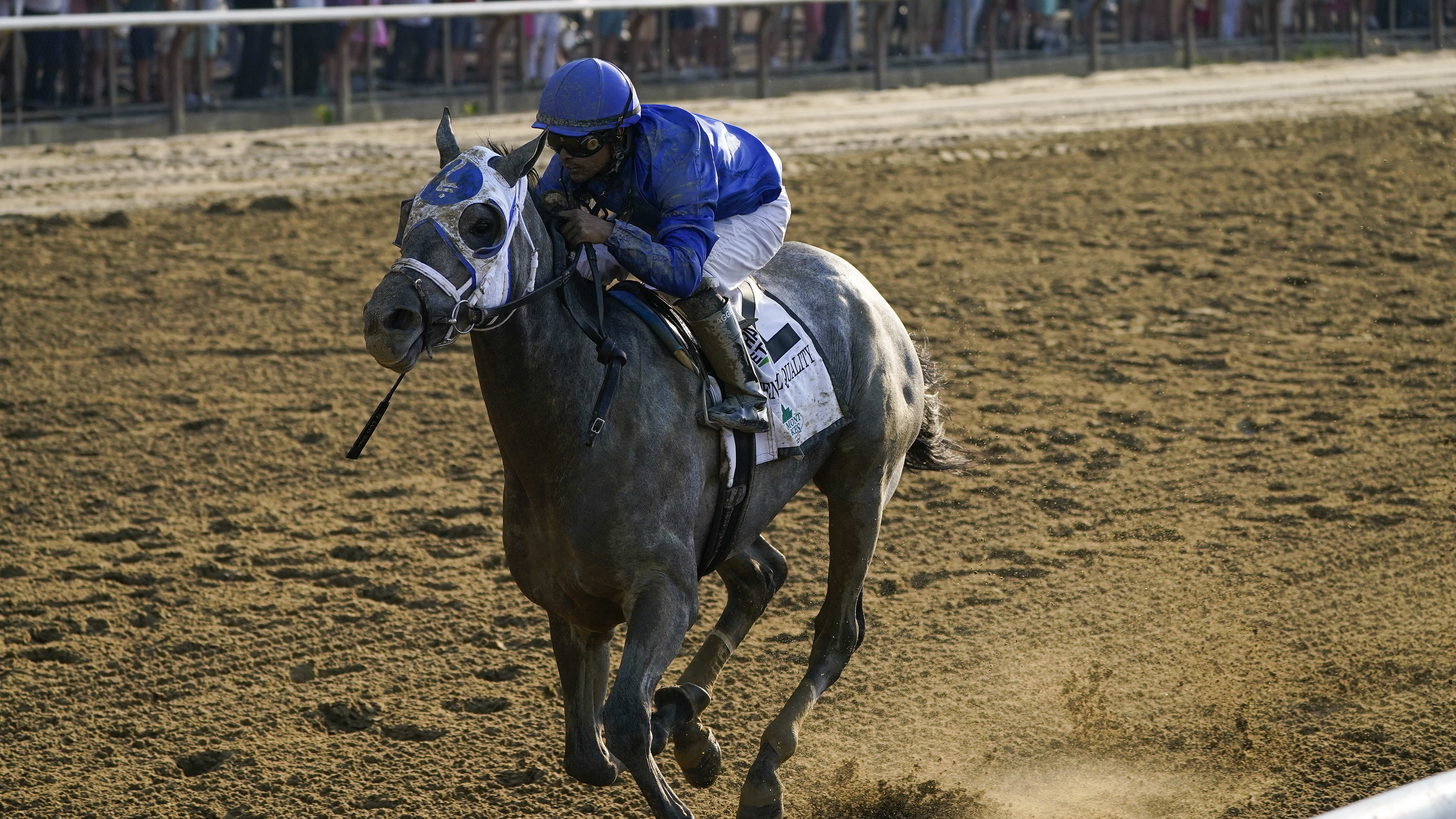 Essential Quality, with jockey Luis Saez, crosses the finish line to win the 153rd running of the Belmont Stakes horse race on Saturday at Belmont Park in Elmont, N.Y.