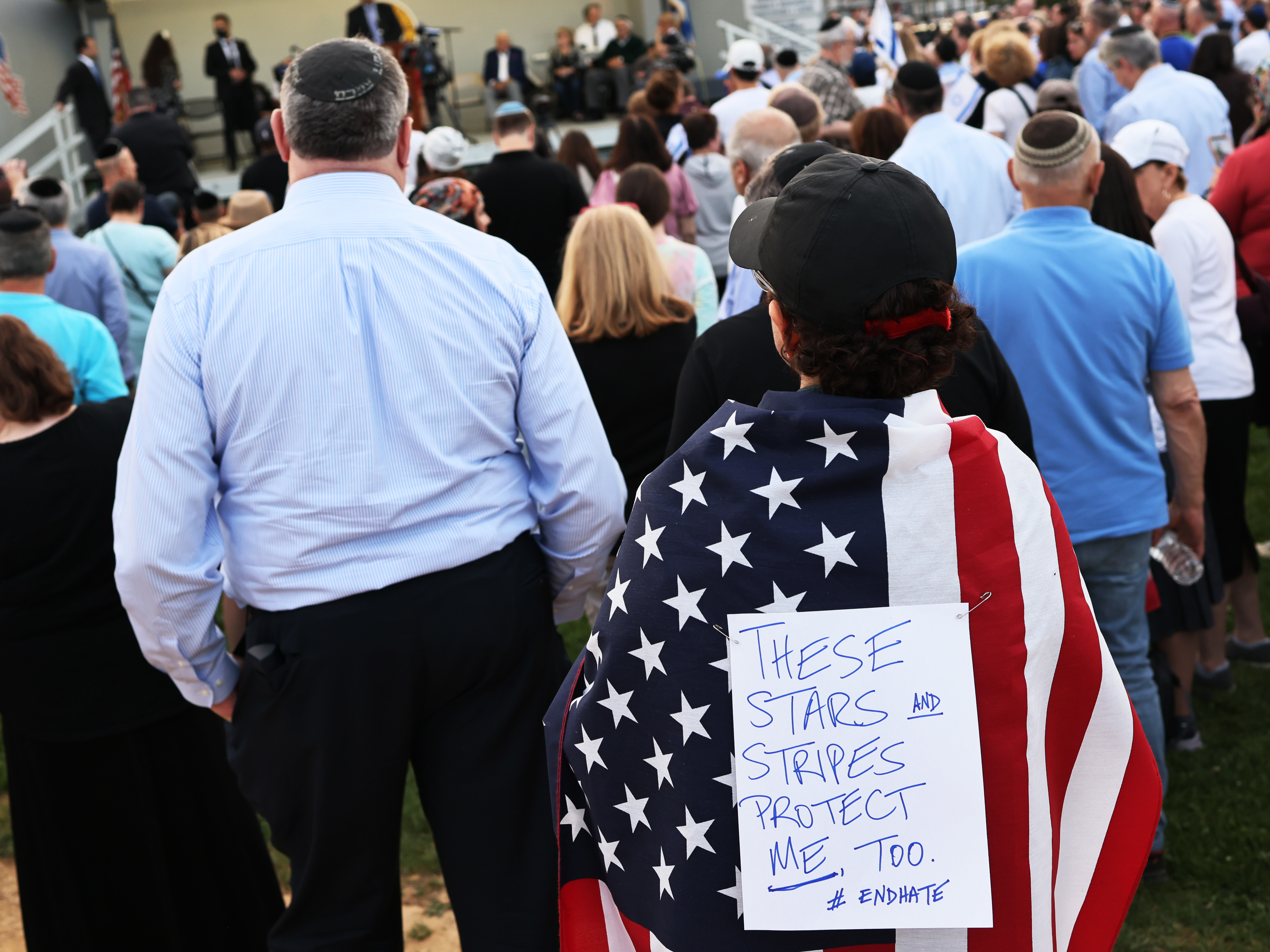People attend a rally denouncing antisemitic violence on May 27 in Cedarhurst, New York. Following a surge in antisemitic hate crimes triggered by last month's Israel-Gaza conflict, some Jews are wondering why the condemnation hasn't been stronger. (Getty Images)