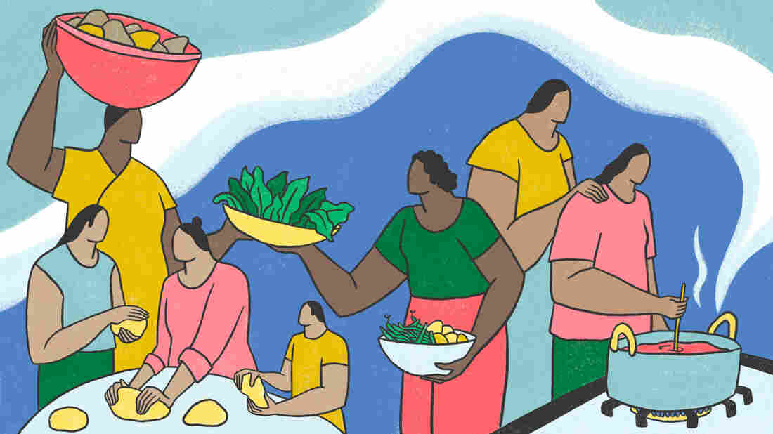 An illustration of a people preparing food. The people on the left are from past generations, preparing food in traditional ways. The people on the right of the frame are contemporary and are learning from and inspired by past generations — a waft of steam signifying a connection between them.