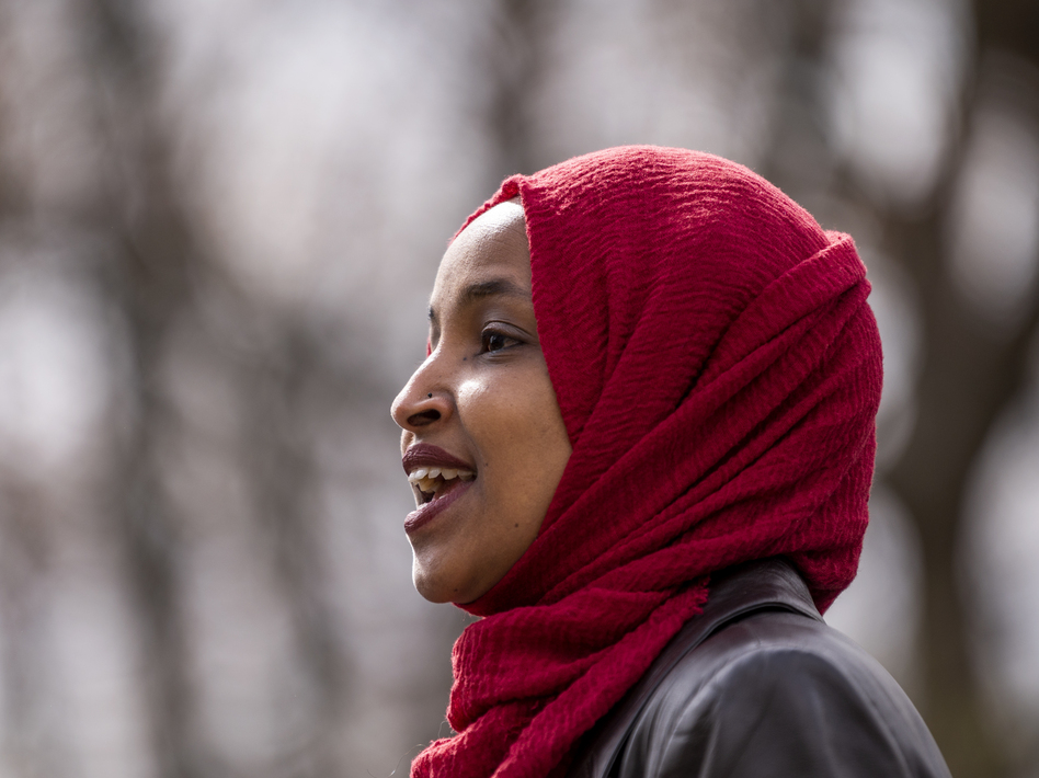 Rep. Ilhan Omar, D-Minn., here at an April press conference, issued a clarification Thursday of comments she made that appeared to equate the United States and Israel with Hamas and the Taliban.