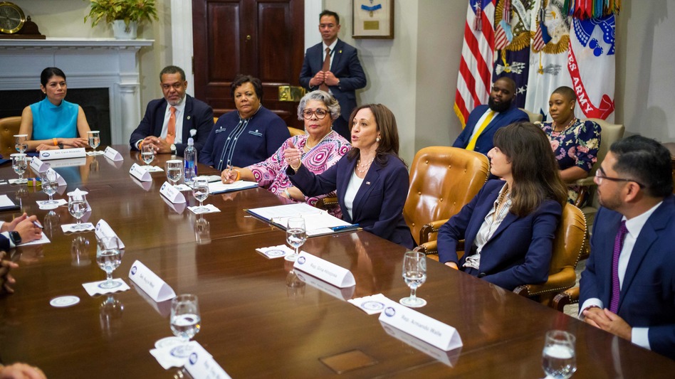 Vice President Harris speaks during a meeting with Democratic Texas state lawmakers on Wednesday at the White House. Texas Democrats last month staged a dramatic walkout to block a voting bill in their state. (Mandel Ngan/AFP via Getty Images)