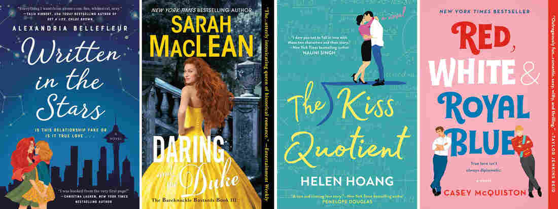 A composite image of the book covers for the following books: Written in The Stars, The Bareknuckle Bastards series, The Kiss Quotient and Red, White and Royal Blue.