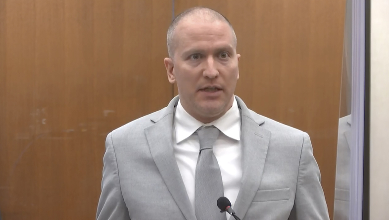 Former Minneapolis police Officer Derek Chauvin addresses the court Friday as Judge Peter Cahill presides over his sentencing at the Hennepin County Courthouse in Minneapolis. (Court TV via AP/Pool)