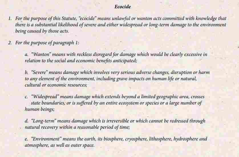 Proposed definition of ecocide.