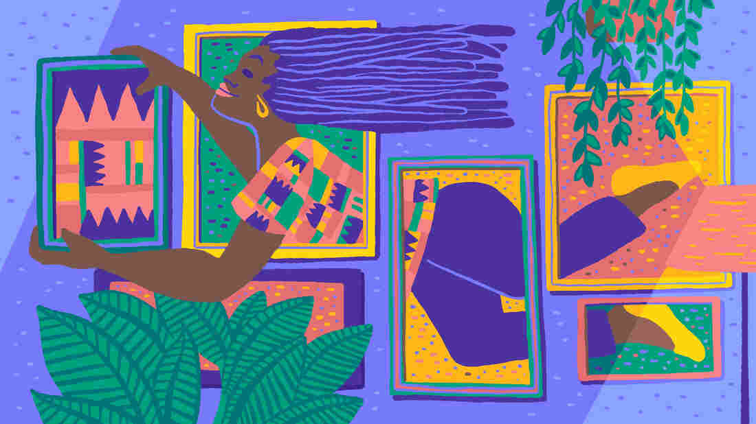 An illustration of a gallery wall full of art and a woman flying through the frames, intersecting with the art and placing the last piece of art on the wall.