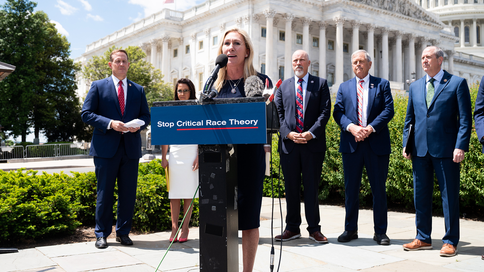 Rep. Marjorie Taylor Greene, R-Ga., speaks at a news conference about banning federal funding for the teaching of critical race theory. (Sipa USA via Reuters Connect)