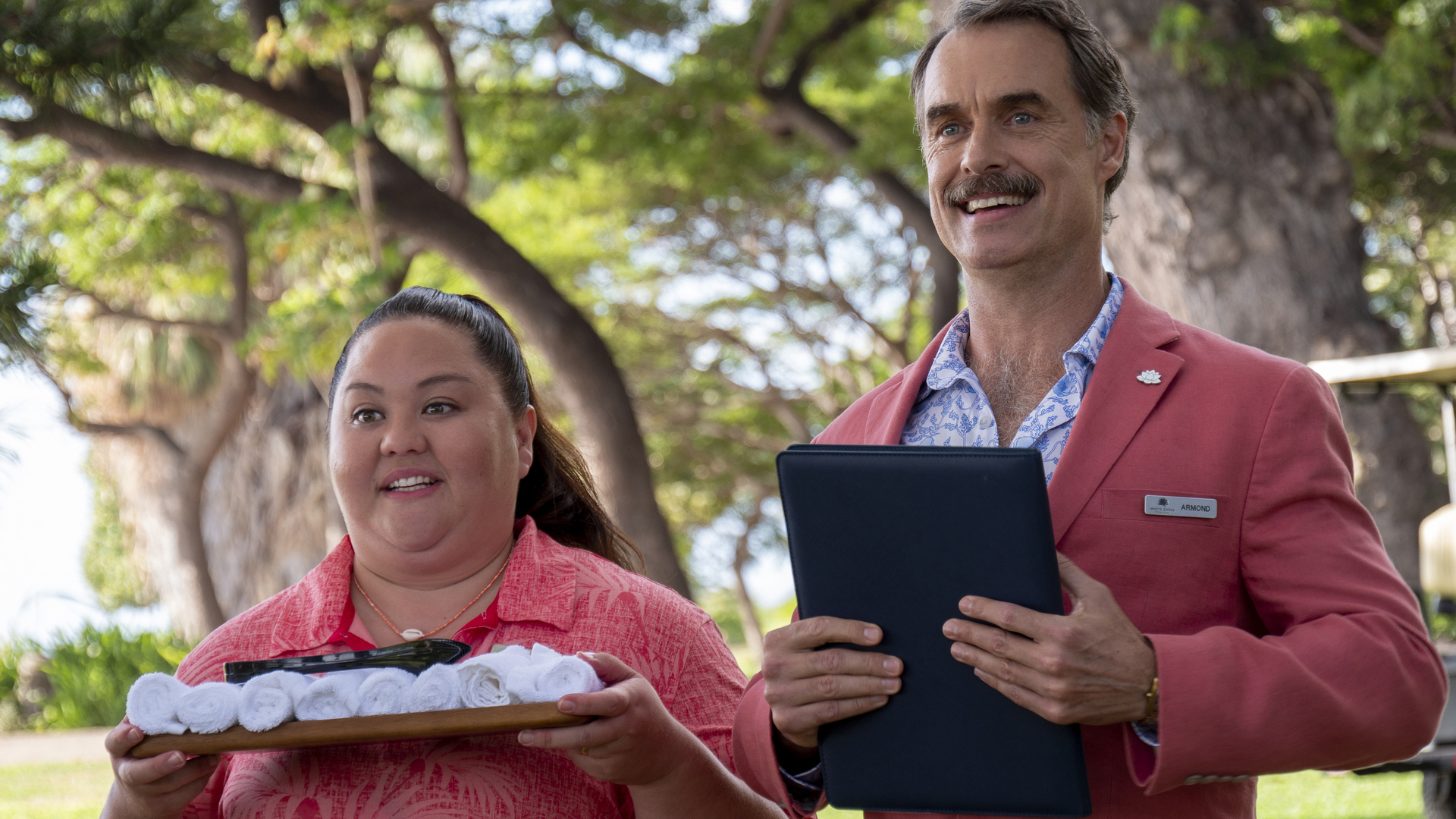 Jolene Purdy and Murray Bartlett play members of the staff in HBO's new series <em>The White Lotus</em>. (HBO)