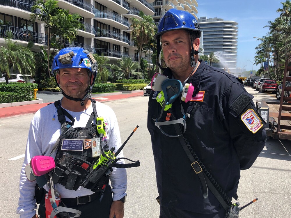 Jack Reall, left, and Ryan Hogsten are members of the Ohio Task Force 1 Urban Search and Rescue Team. They were deployed to Surfside, Fla., after the condo collapse. (NPR)