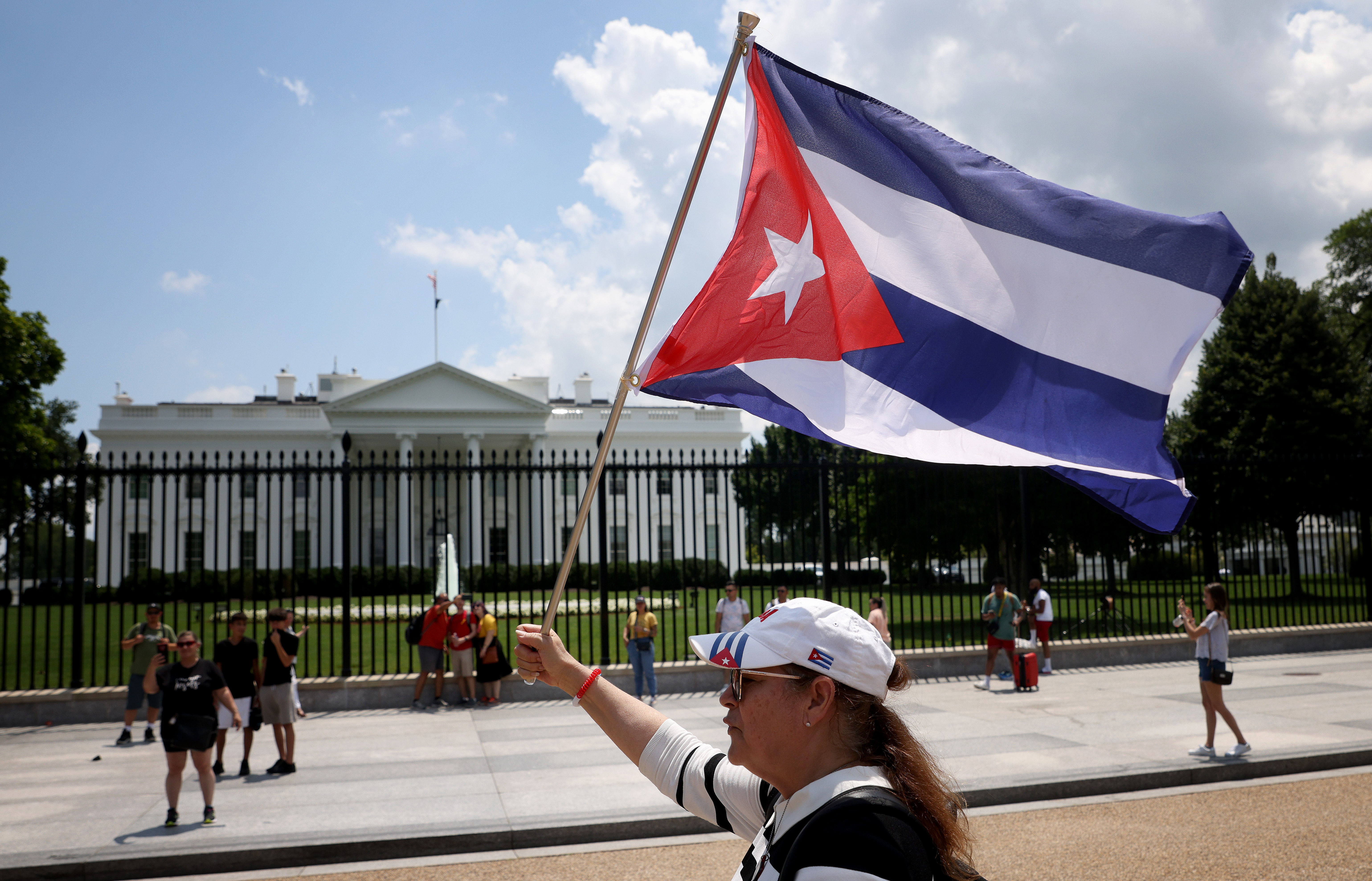 Cuban Americans demonstrate outside the White House on Monday in support of protests taking place in Cuba. (Getty Images)
