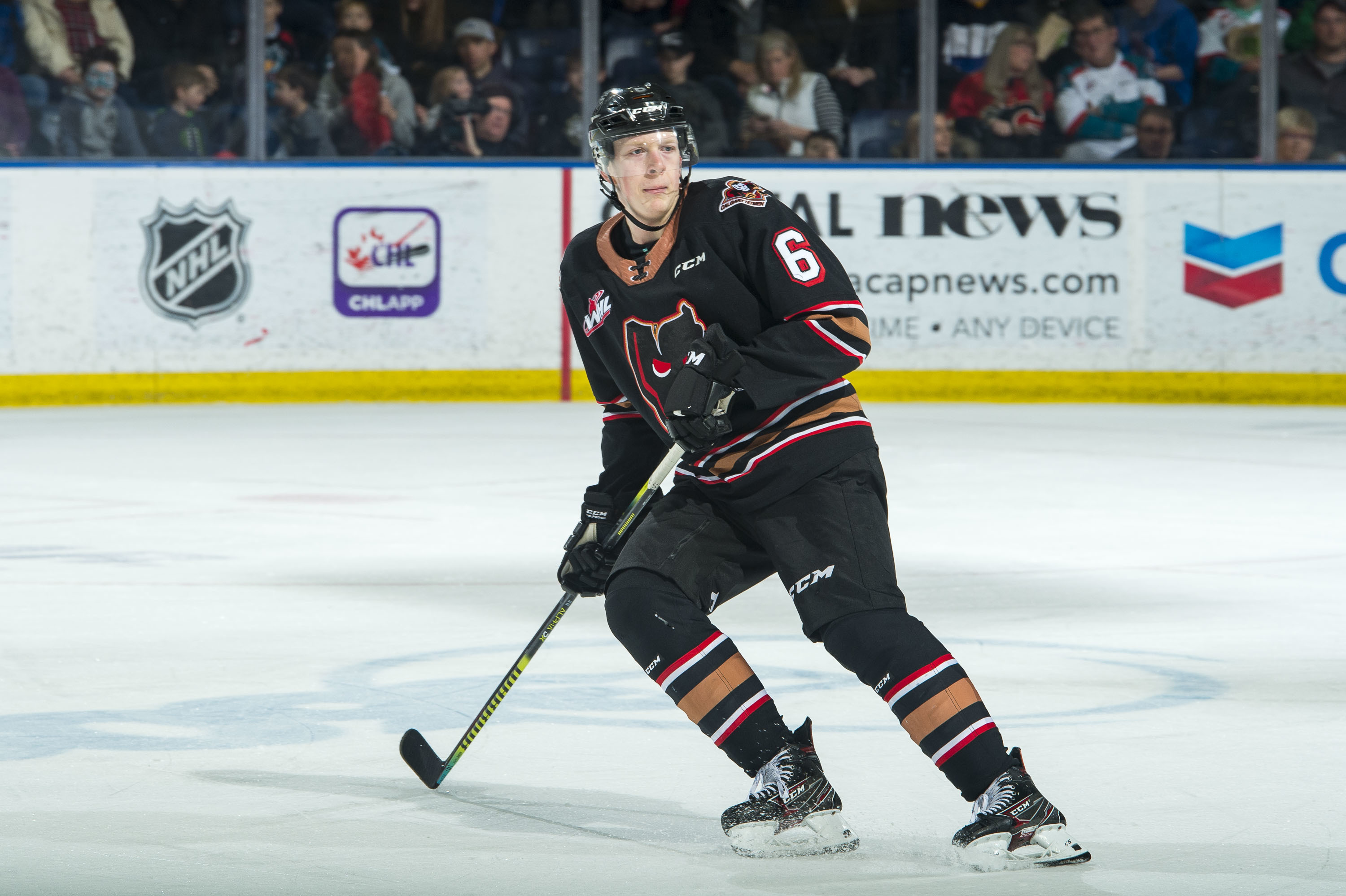 Luke Prokop of the Calgary Hitmen skates against the Kelowna Rockets at Prospera Place on Feb. 17, 2020, in Kelowna, British Columbia. (Getty Images)