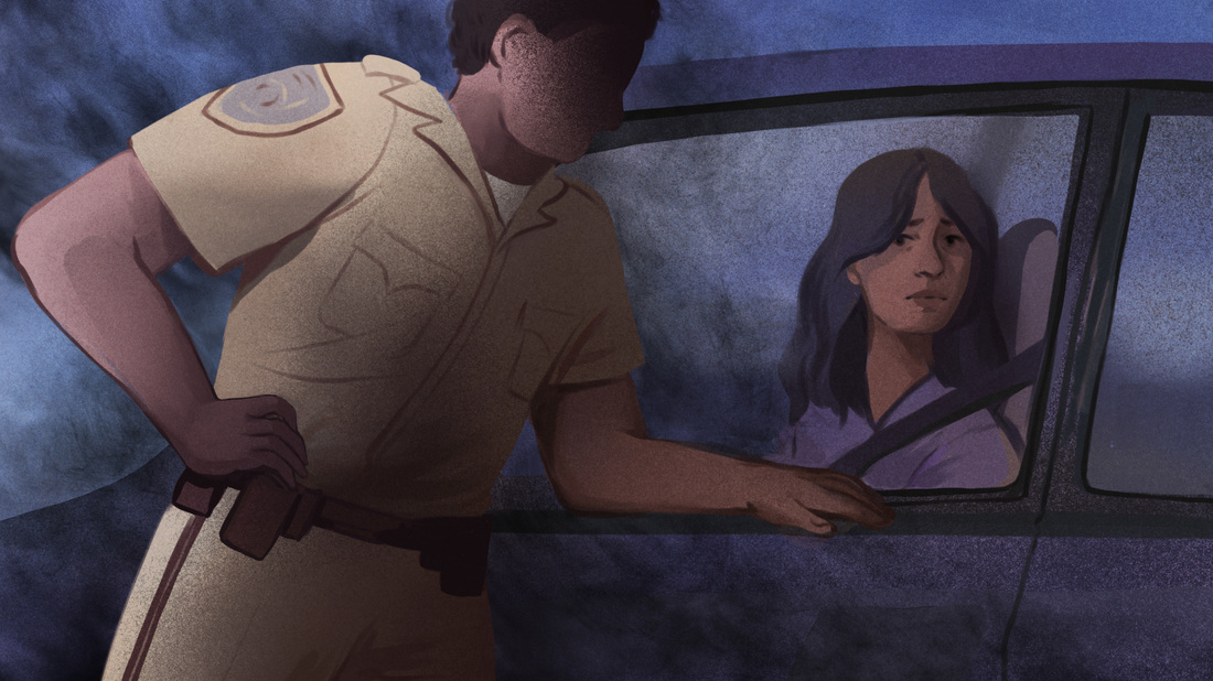 An illustration of a police officer talking to a woman through her car window during a traffic stop.